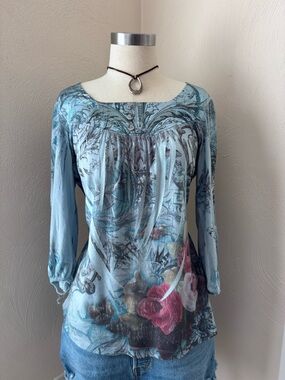 ONE WORLD Light Blue Floral Y2K Babydoll Blouse